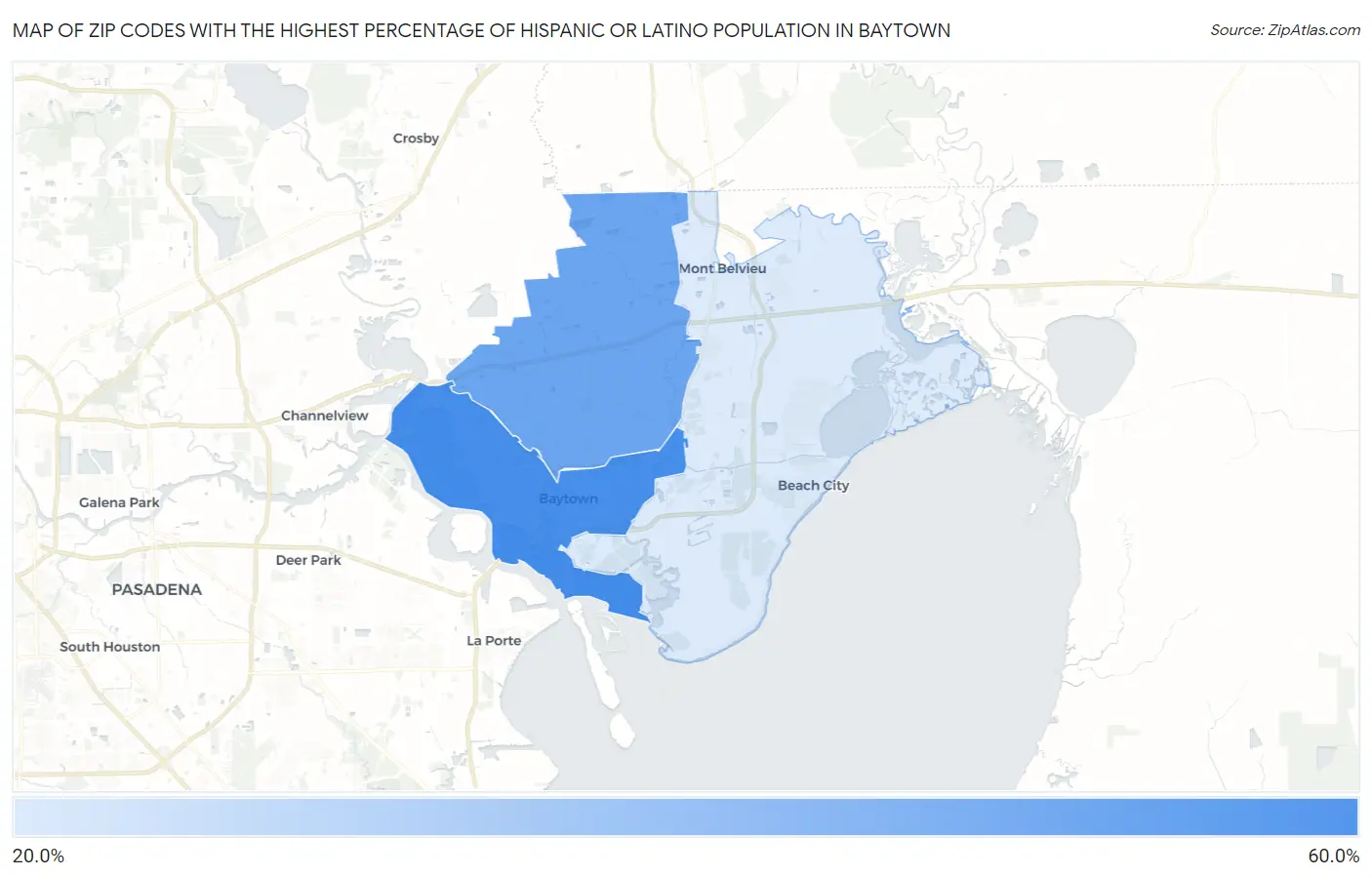 Zip Codes with the Highest Percentage of Hispanic or Latino Population in Baytown Map