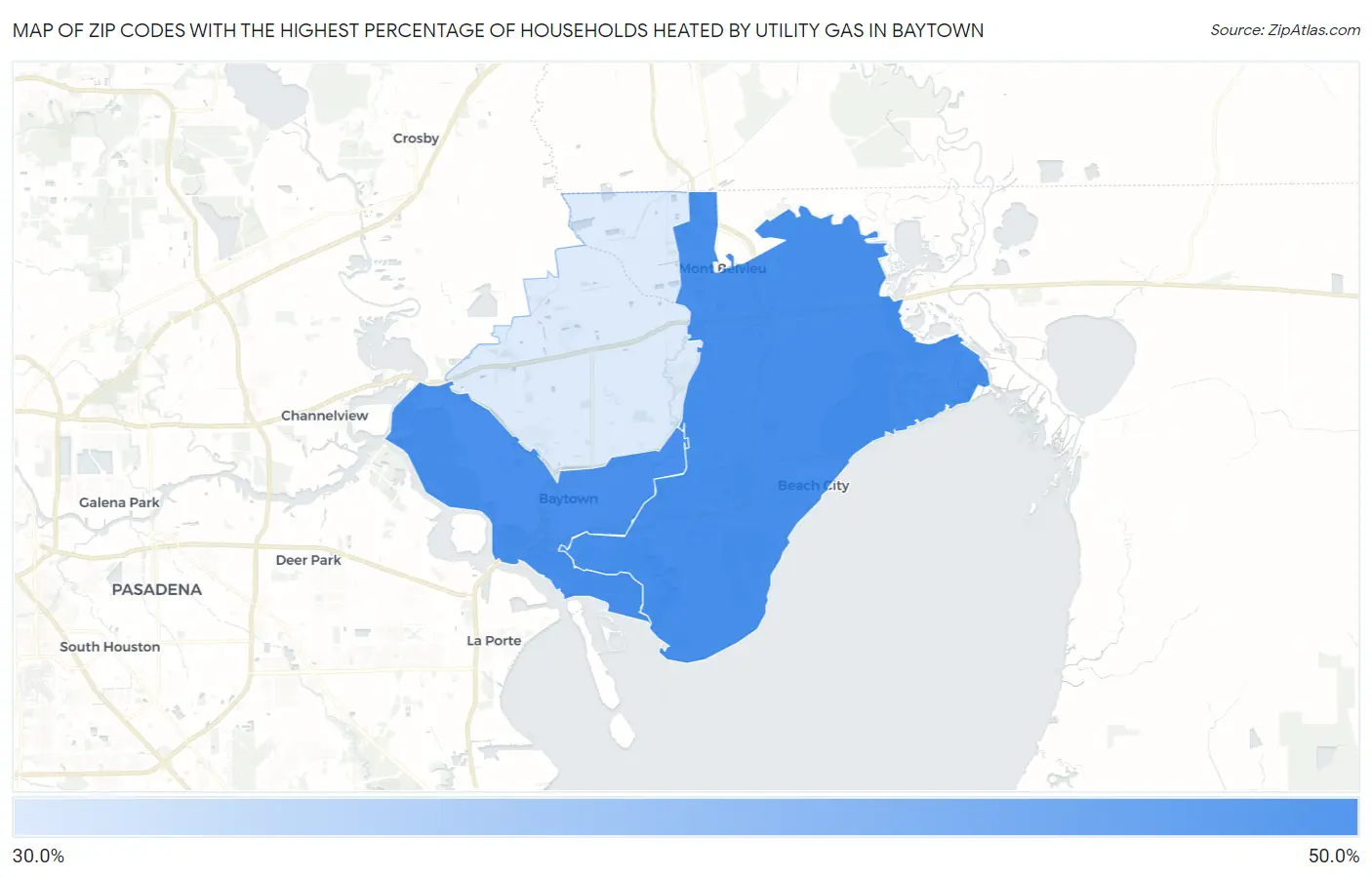 Zip Codes with the Highest Percentage of Households Heated by Utility Gas in Baytown Map