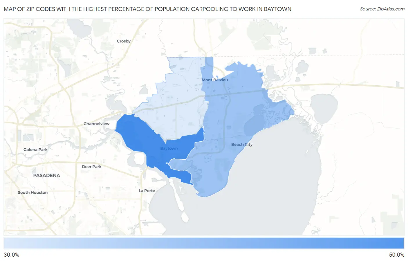 Zip Codes with the Highest Percentage of Population Carpooling to Work in Baytown Map