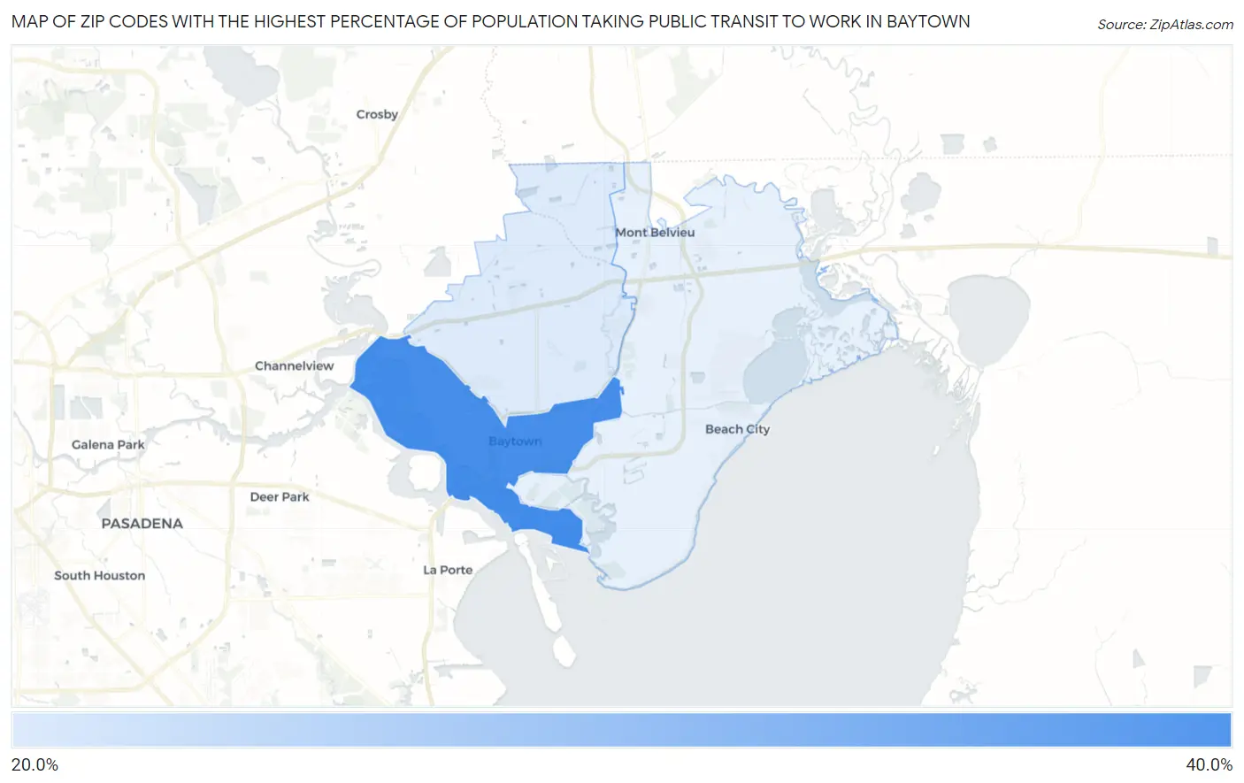 Zip Codes with the Highest Percentage of Population Taking Public Transit to Work in Baytown Map