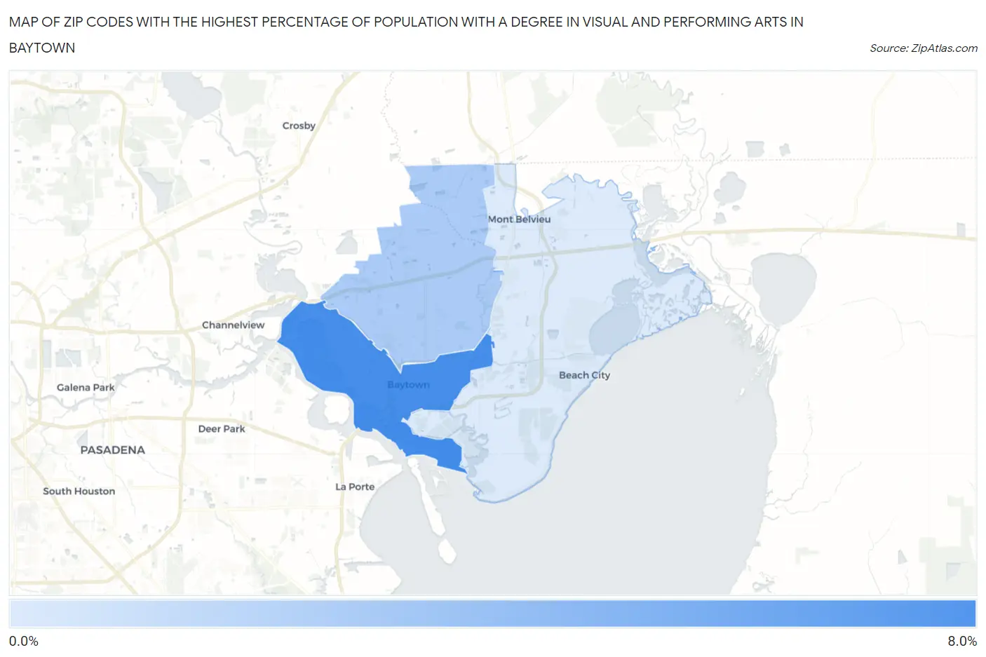 Zip Codes with the Highest Percentage of Population with a Degree in Visual and Performing Arts in Baytown Map