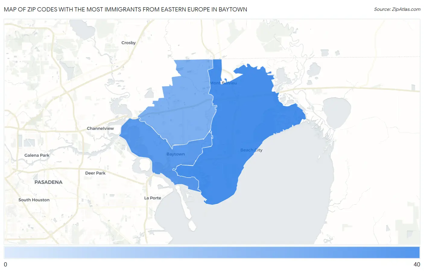 Zip Codes with the Most Immigrants from Eastern Europe in Baytown Map