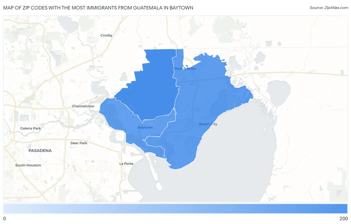 Zip Codes with the Most Immigrants from Guatemala in Baytown Map