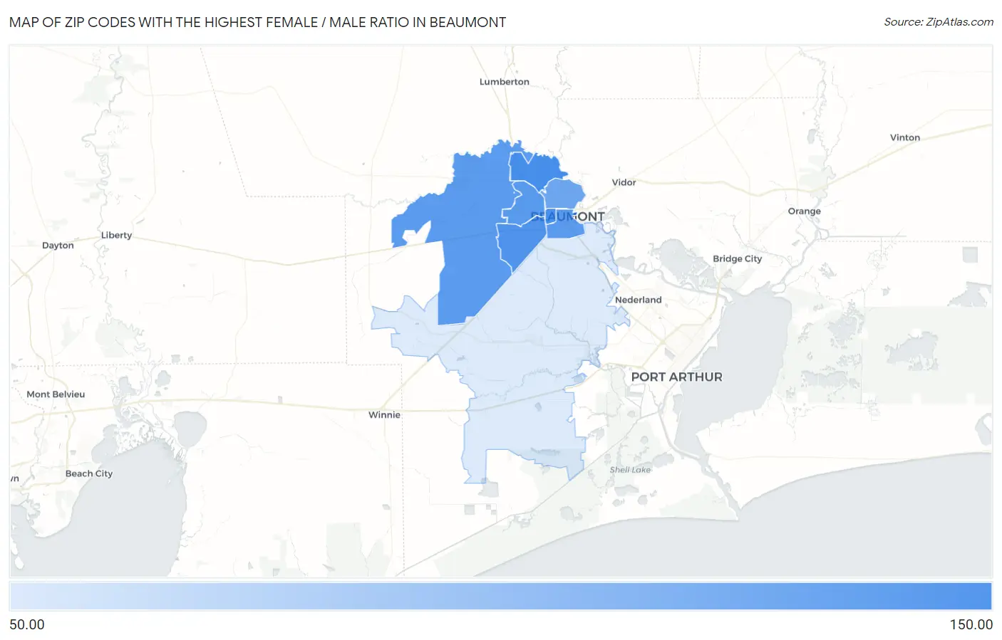 Zip Codes with the Highest Female / Male Ratio in Beaumont Map