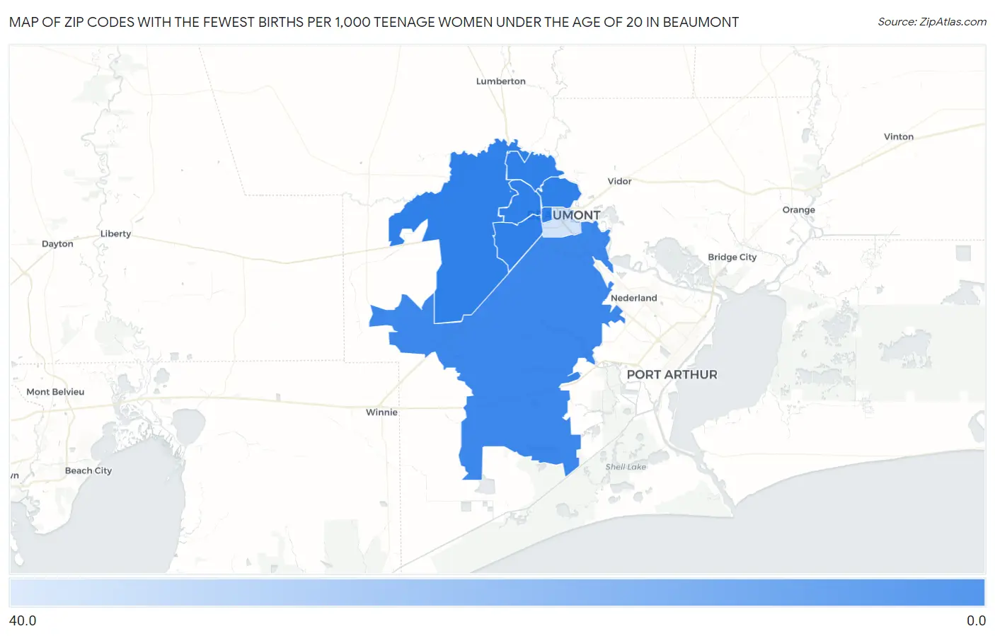 Zip Codes with the Fewest Births per 1,000 Teenage Women Under the Age of 20 in Beaumont Map