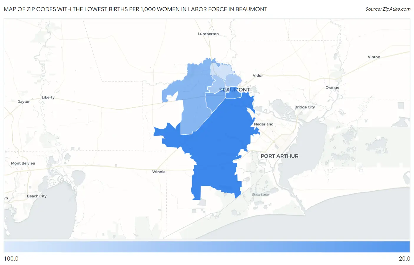 Zip Codes with the Lowest Births per 1,000 Women in Labor Force in Beaumont Map