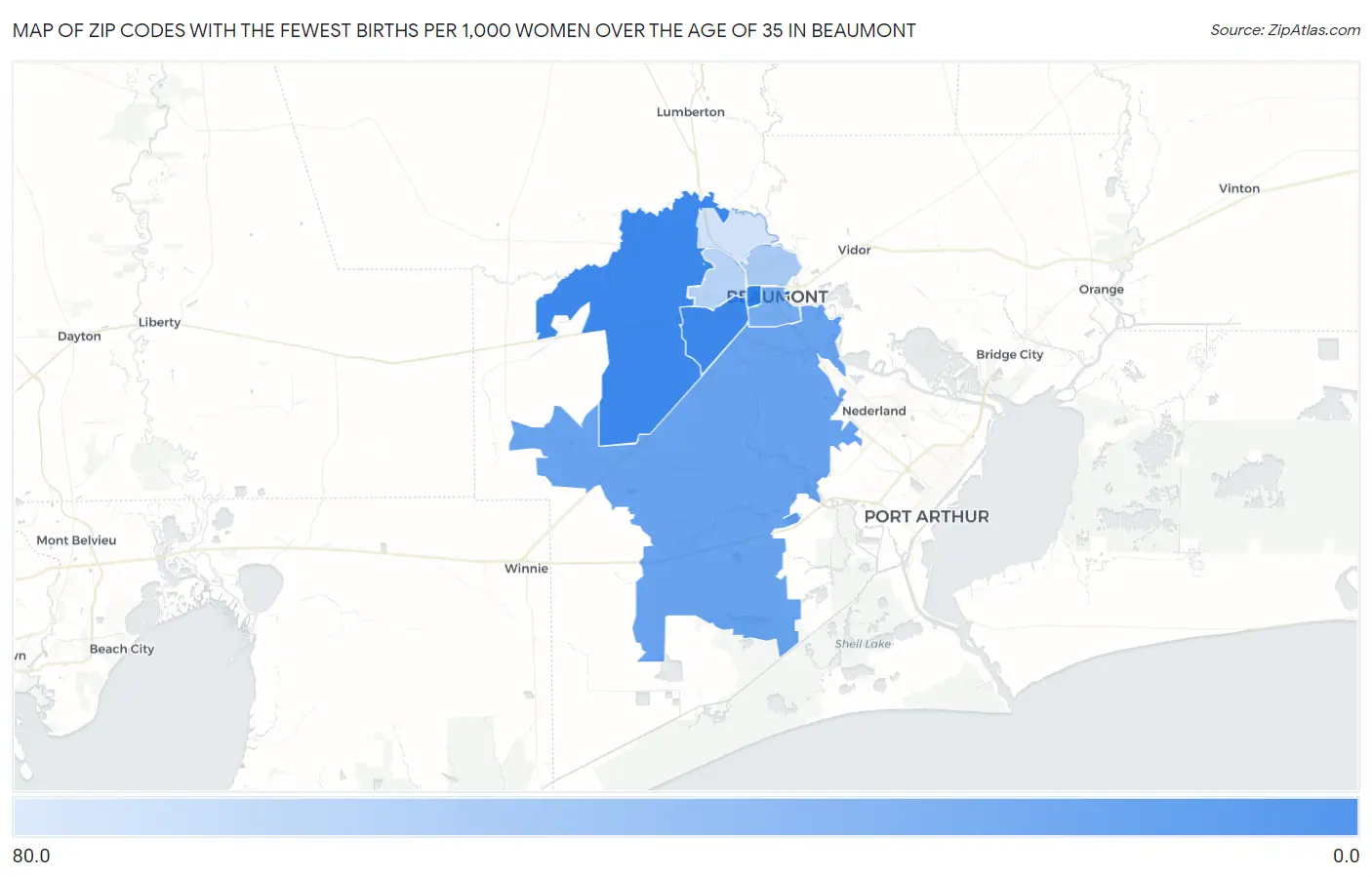 Zip Codes with the Fewest Births per 1,000 Women Over the Age of 35 in Beaumont Map
