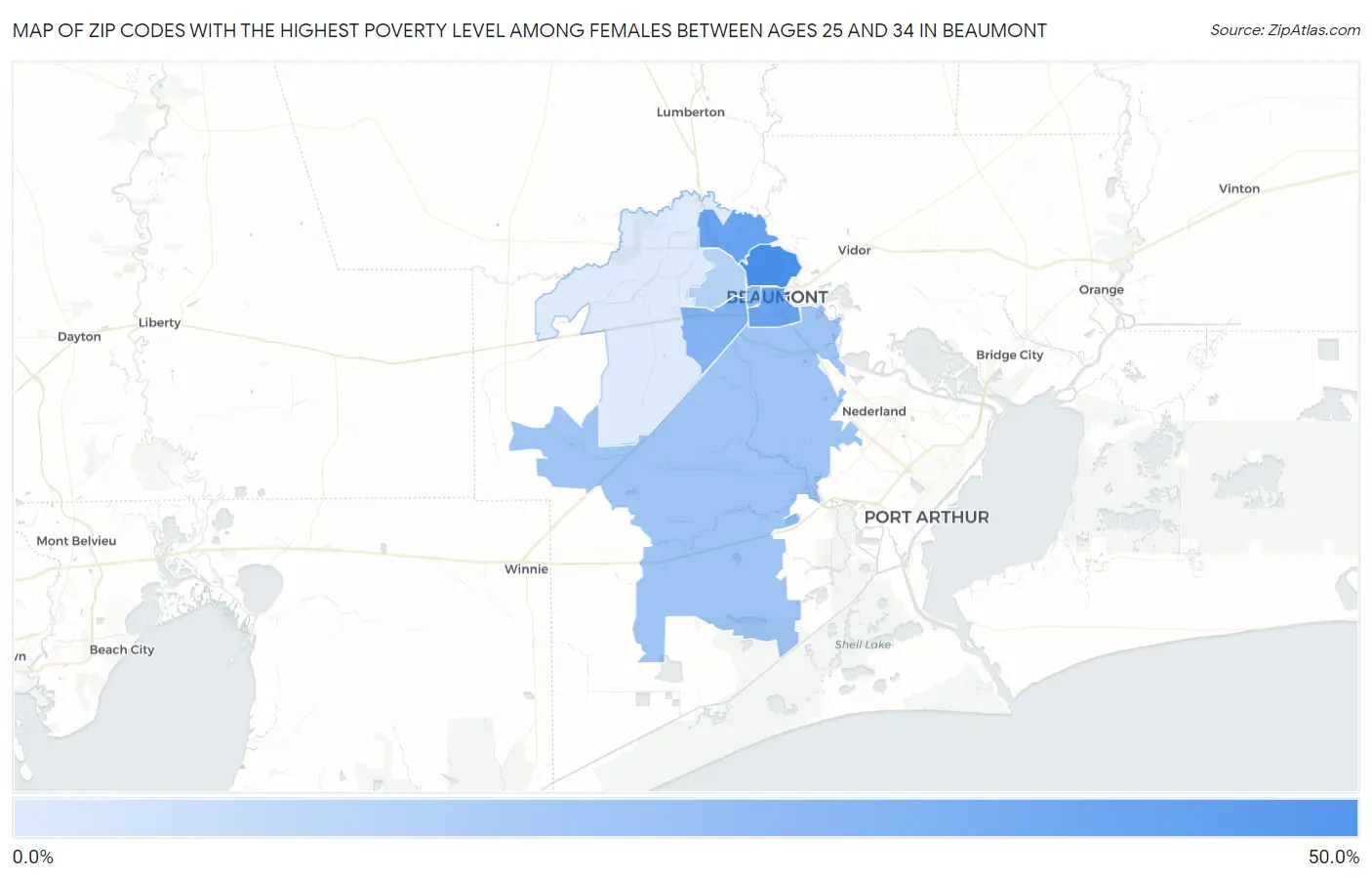 Zip Codes with the Highest Poverty Level Among Females Between Ages 25 and 34 in Beaumont Map