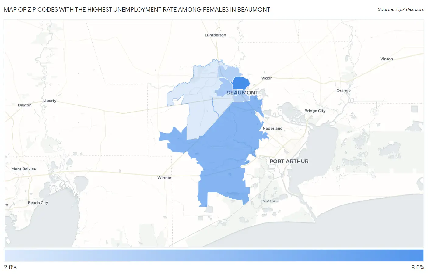 Zip Codes with the Highest Unemployment Rate Among Females in Beaumont Map