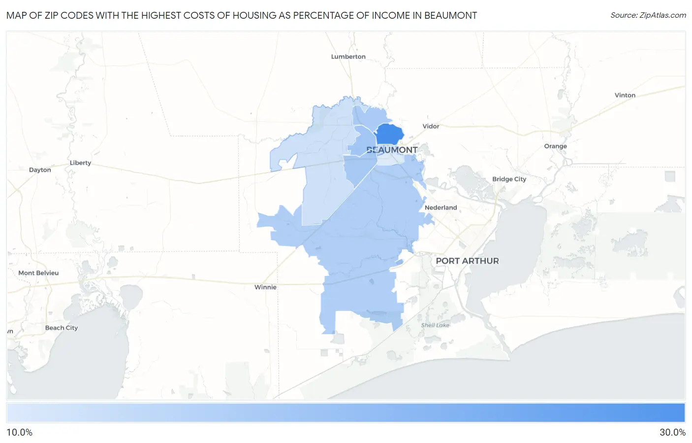 Zip Codes with the Highest Costs of Housing as Percentage of Income in Beaumont Map