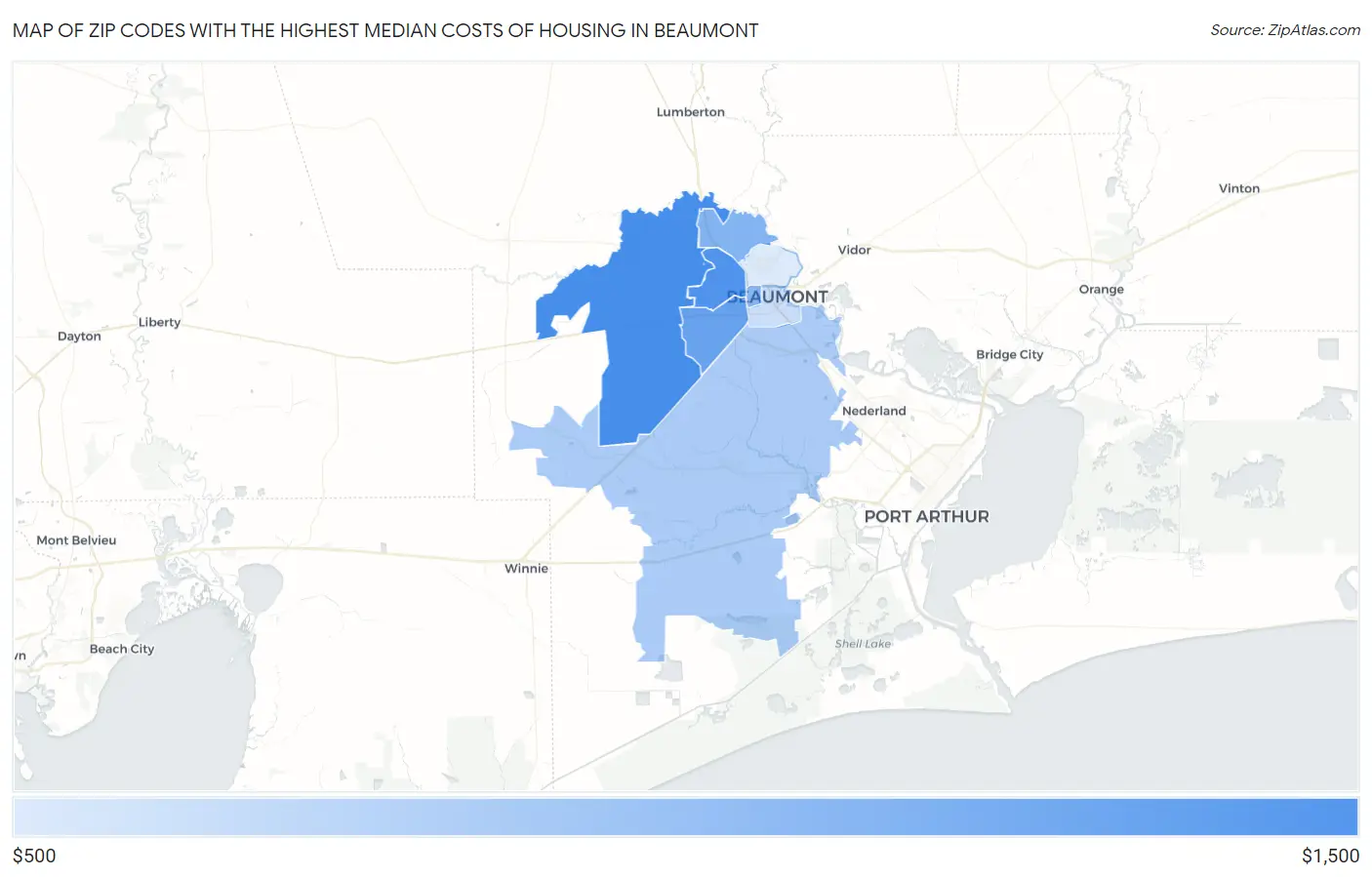 Zip Codes with the Highest Median Costs of Housing in Beaumont Map