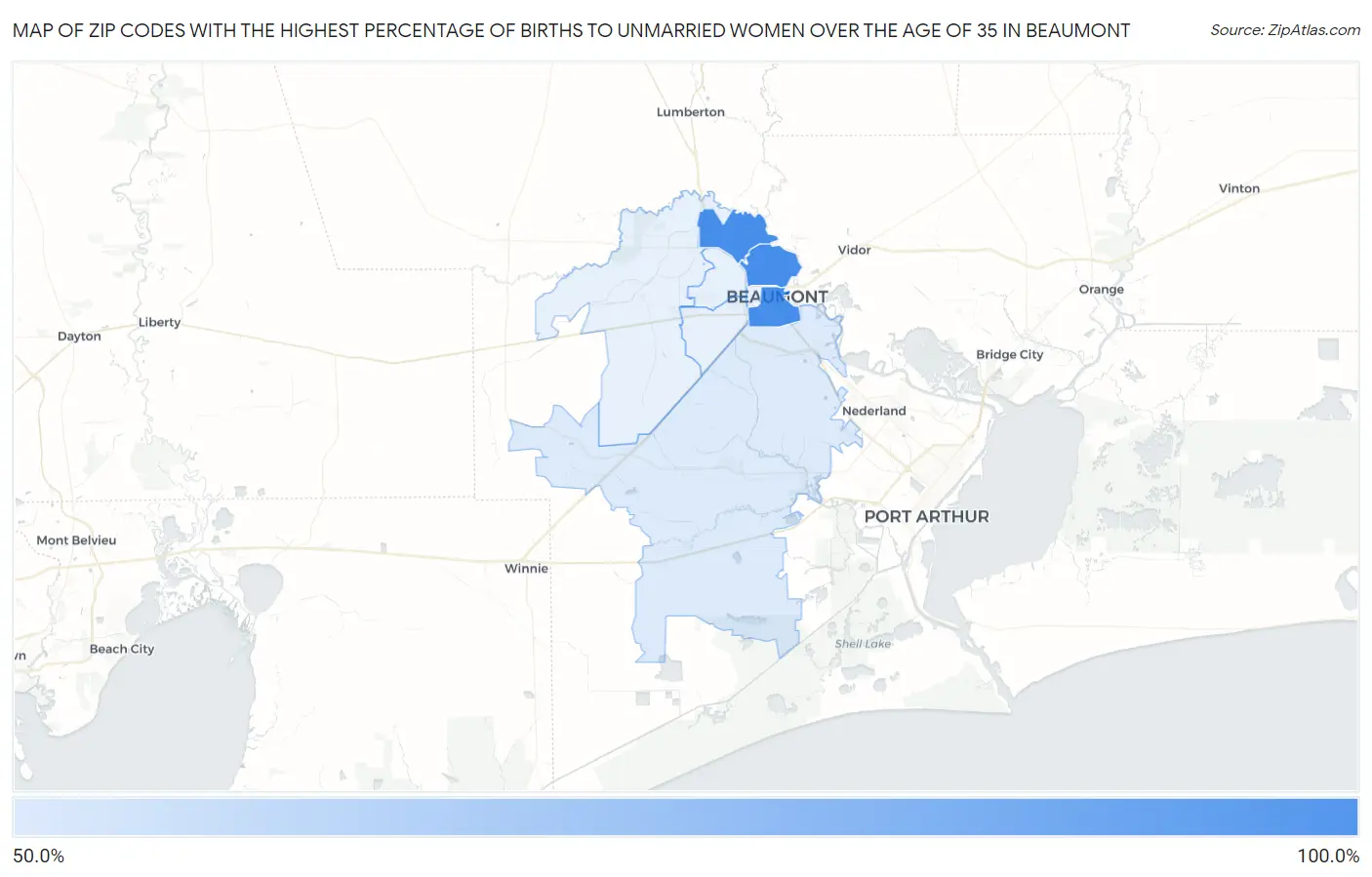 Zip Codes with the Highest Percentage of Births to Unmarried Women over the Age of 35 in Beaumont Map