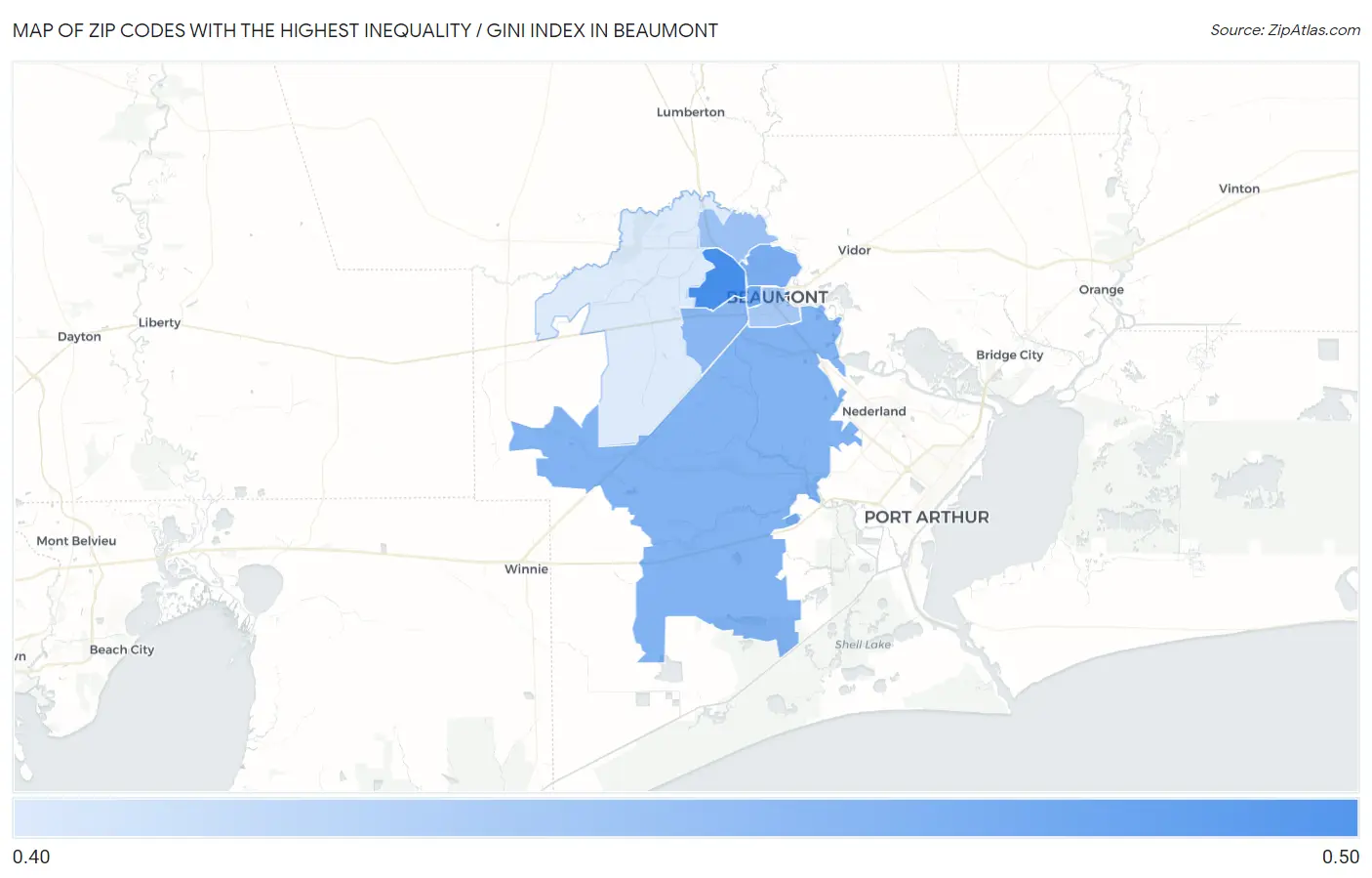 Zip Codes with the Highest Inequality / Gini Index in Beaumont Map