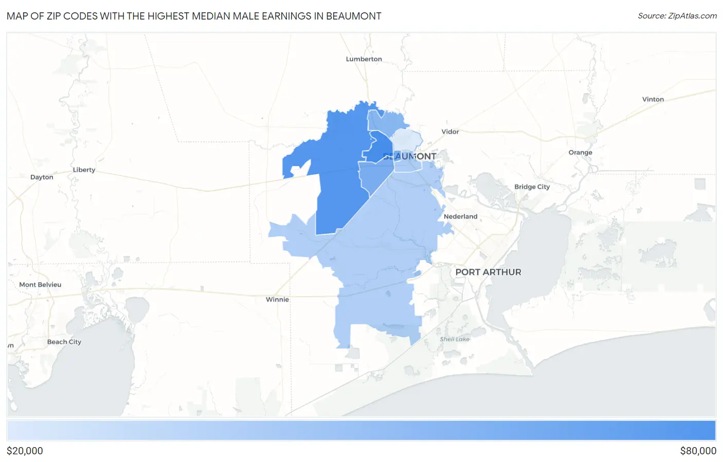 Zip Codes with the Highest Median Male Earnings in Beaumont Map