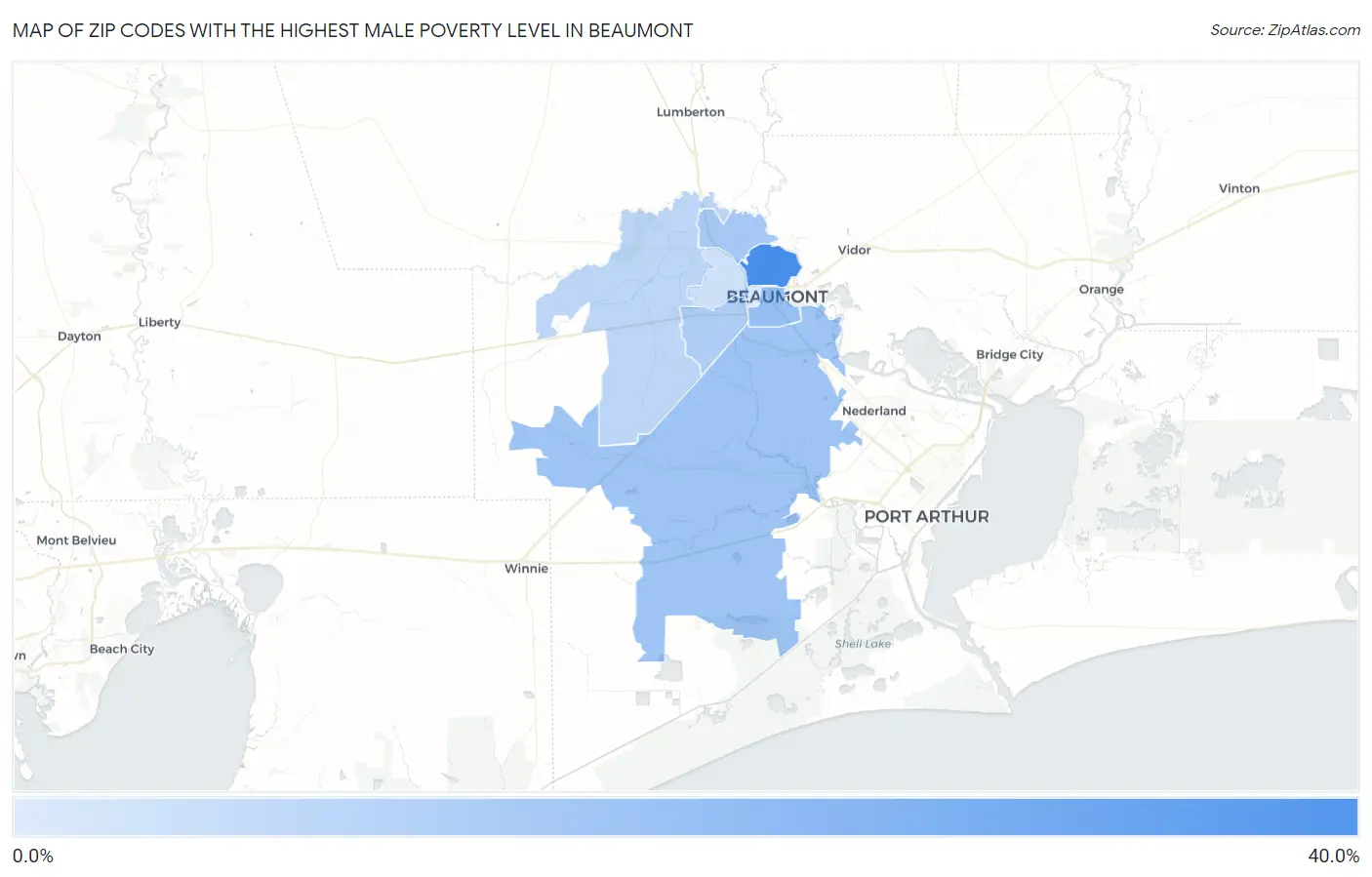 Zip Codes with the Highest Male Poverty Level in Beaumont Map