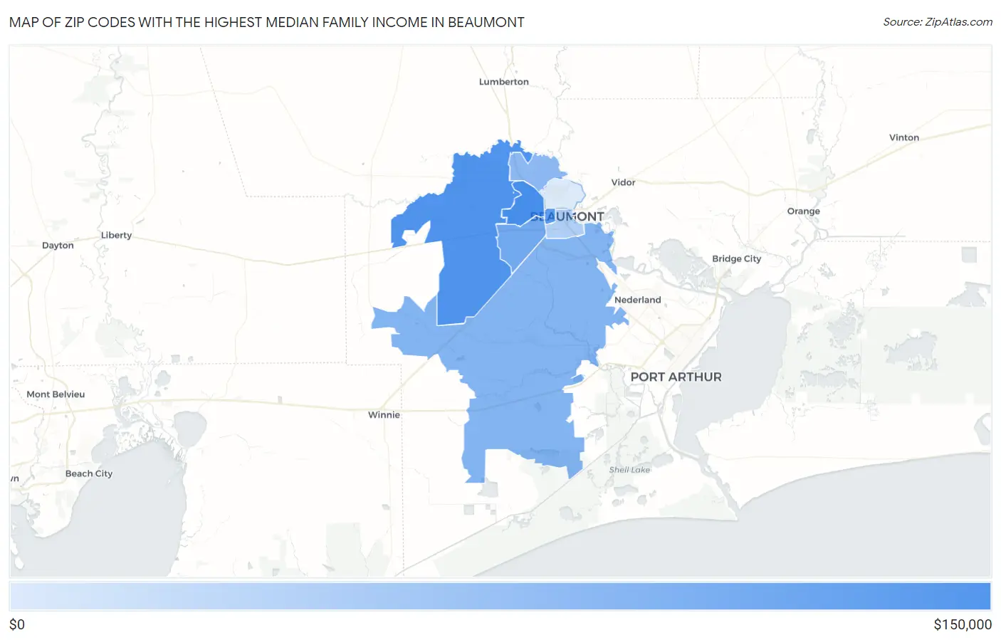 Zip Codes with the Highest Median Family Income in Beaumont Map
