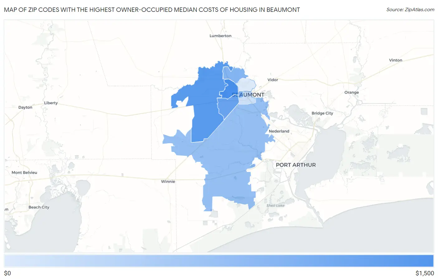 Zip Codes with the Highest Owner-Occupied Median Costs of Housing in Beaumont Map