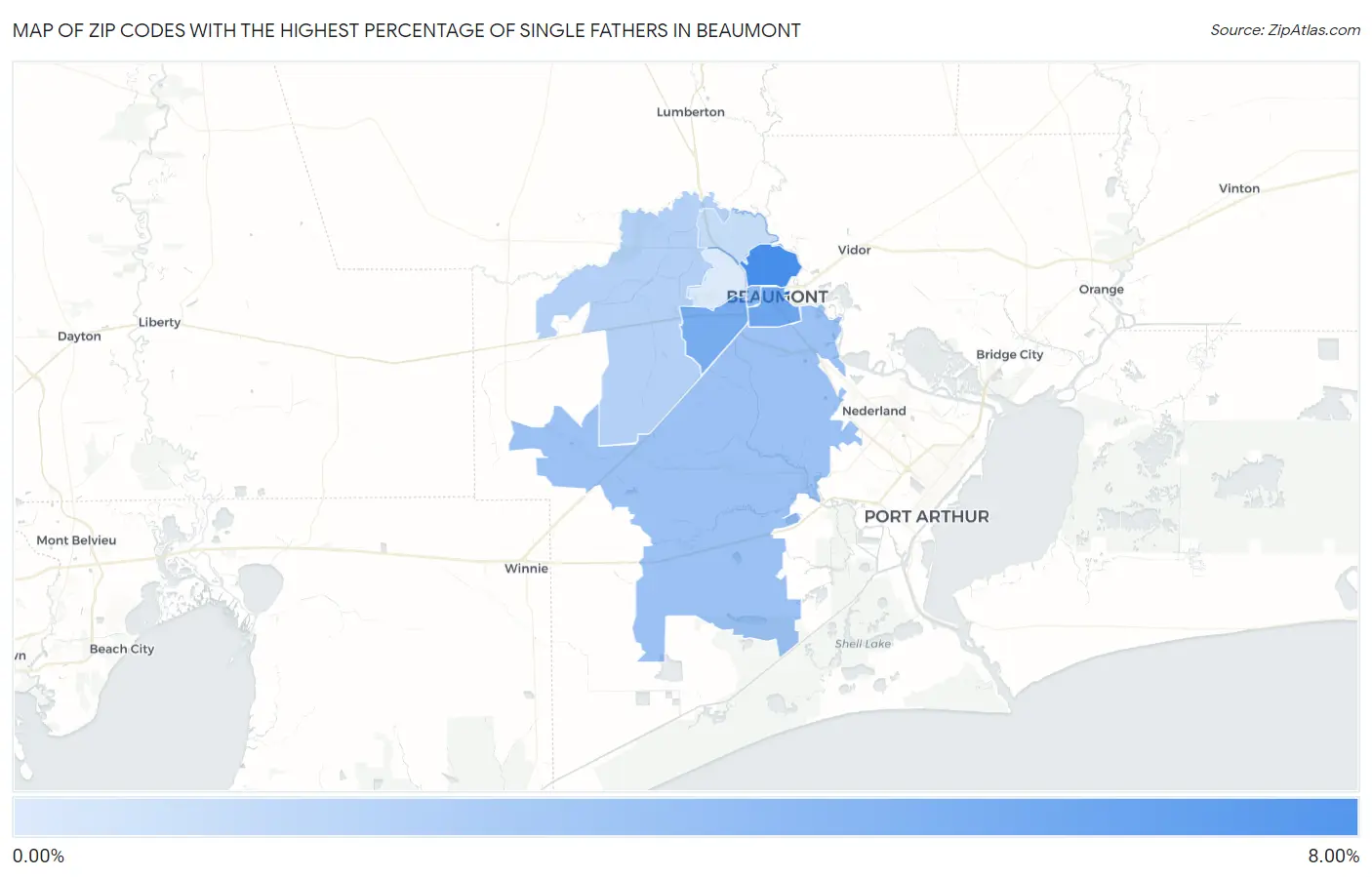 Zip Codes with the Highest Percentage of Single Fathers in Beaumont Map