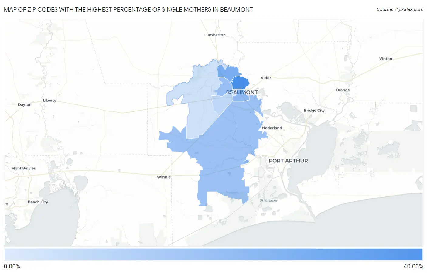 Zip Codes with the Highest Percentage of Single Mothers in Beaumont Map
