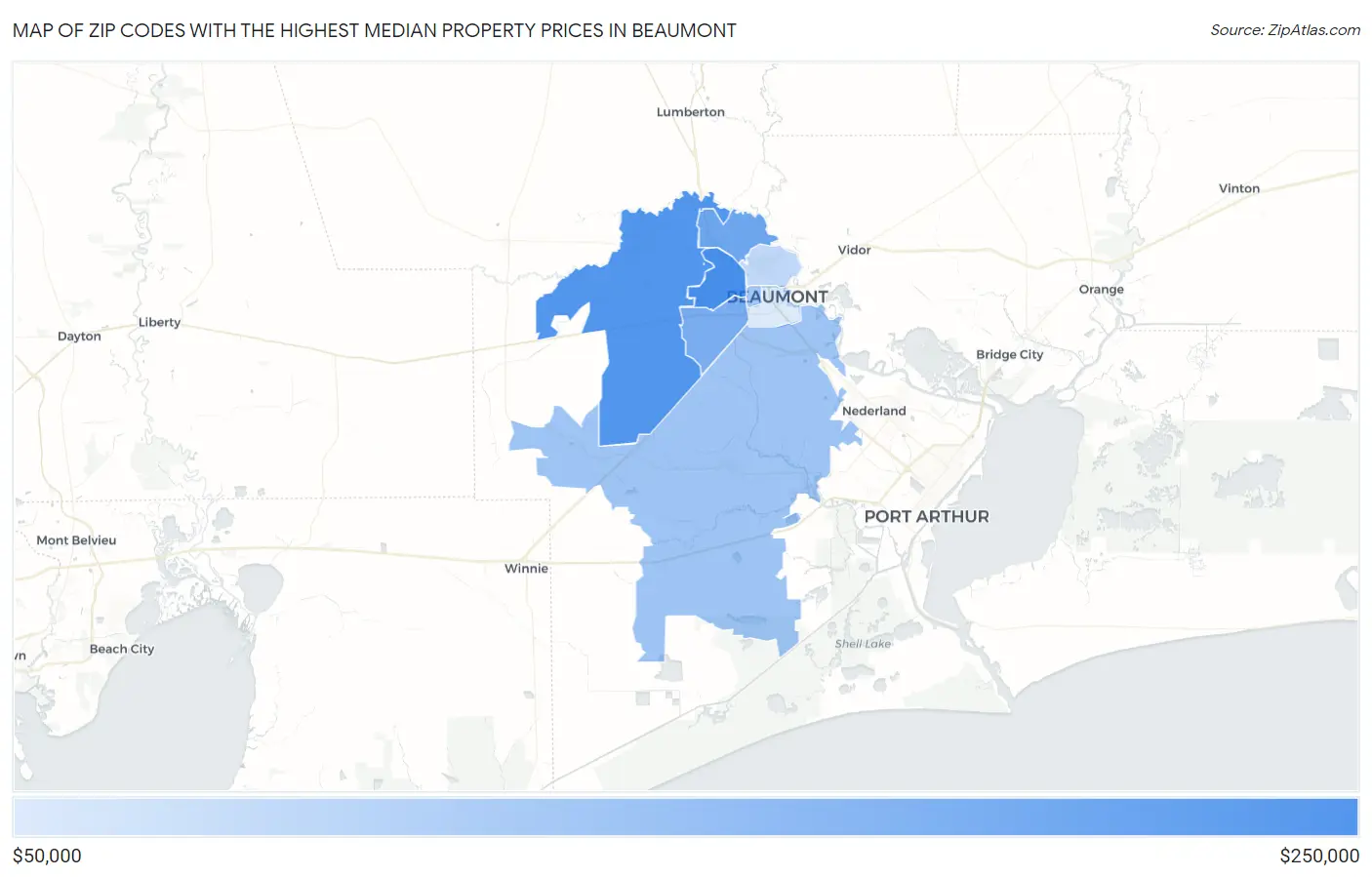 Zip Codes with the Highest Median Property Prices in Beaumont Map