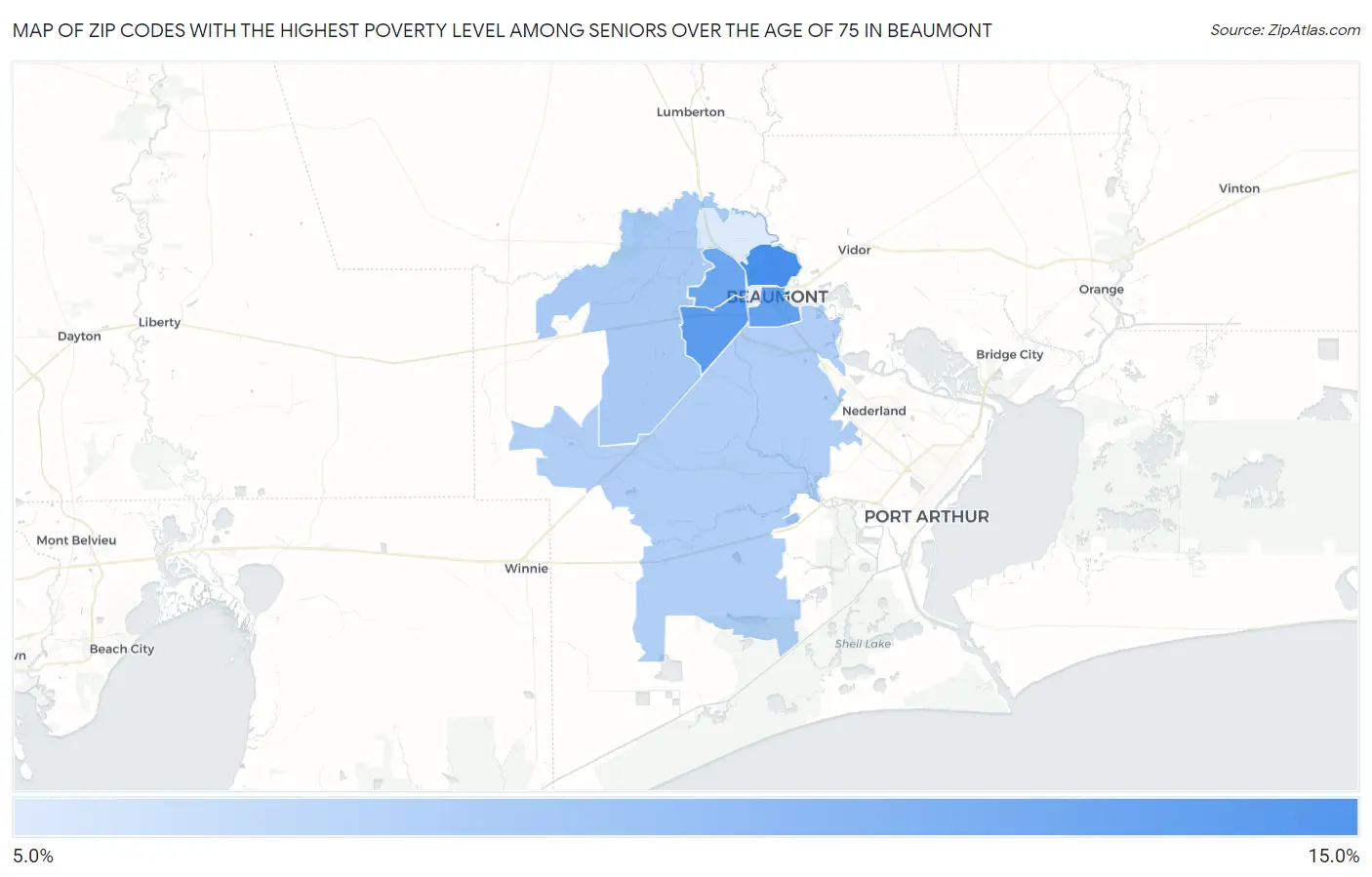 Zip Codes with the Highest Poverty Level Among Seniors Over the Age of 75 in Beaumont Map