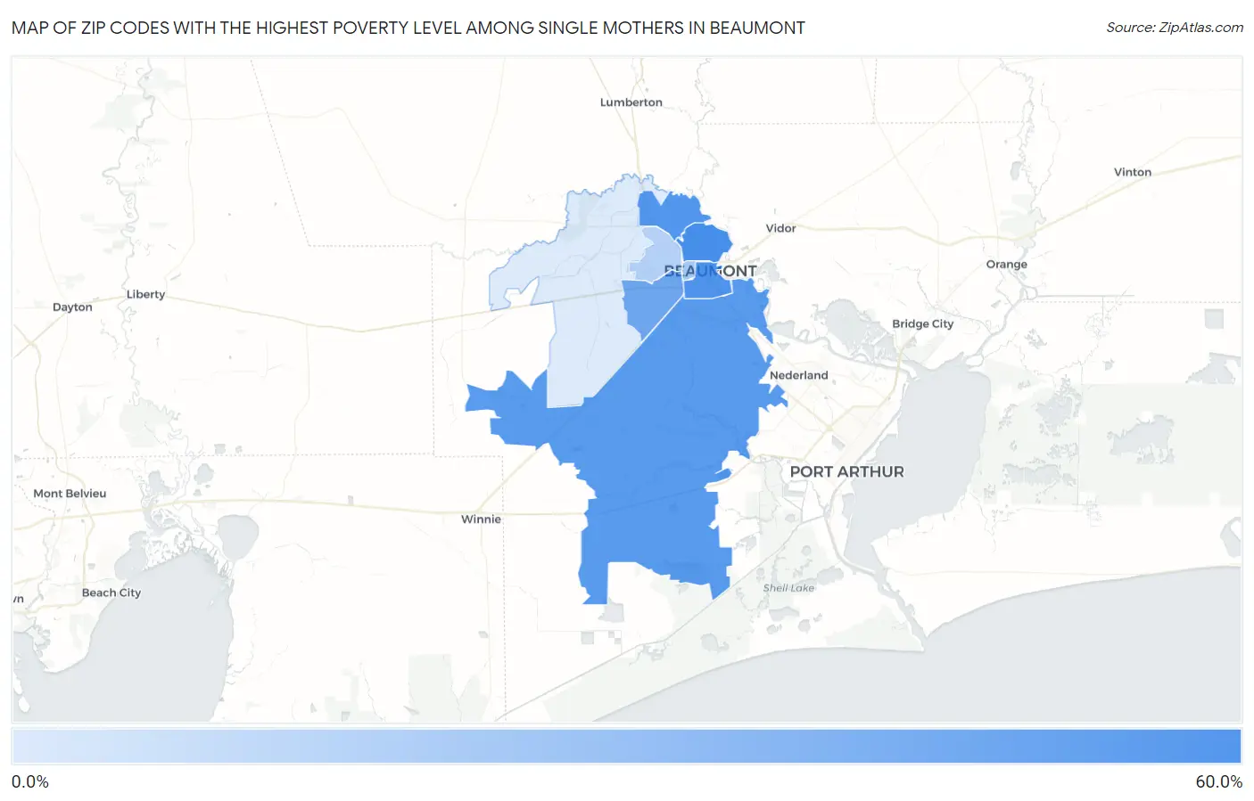 Zip Codes with the Highest Poverty Level Among Single Mothers in Beaumont Map