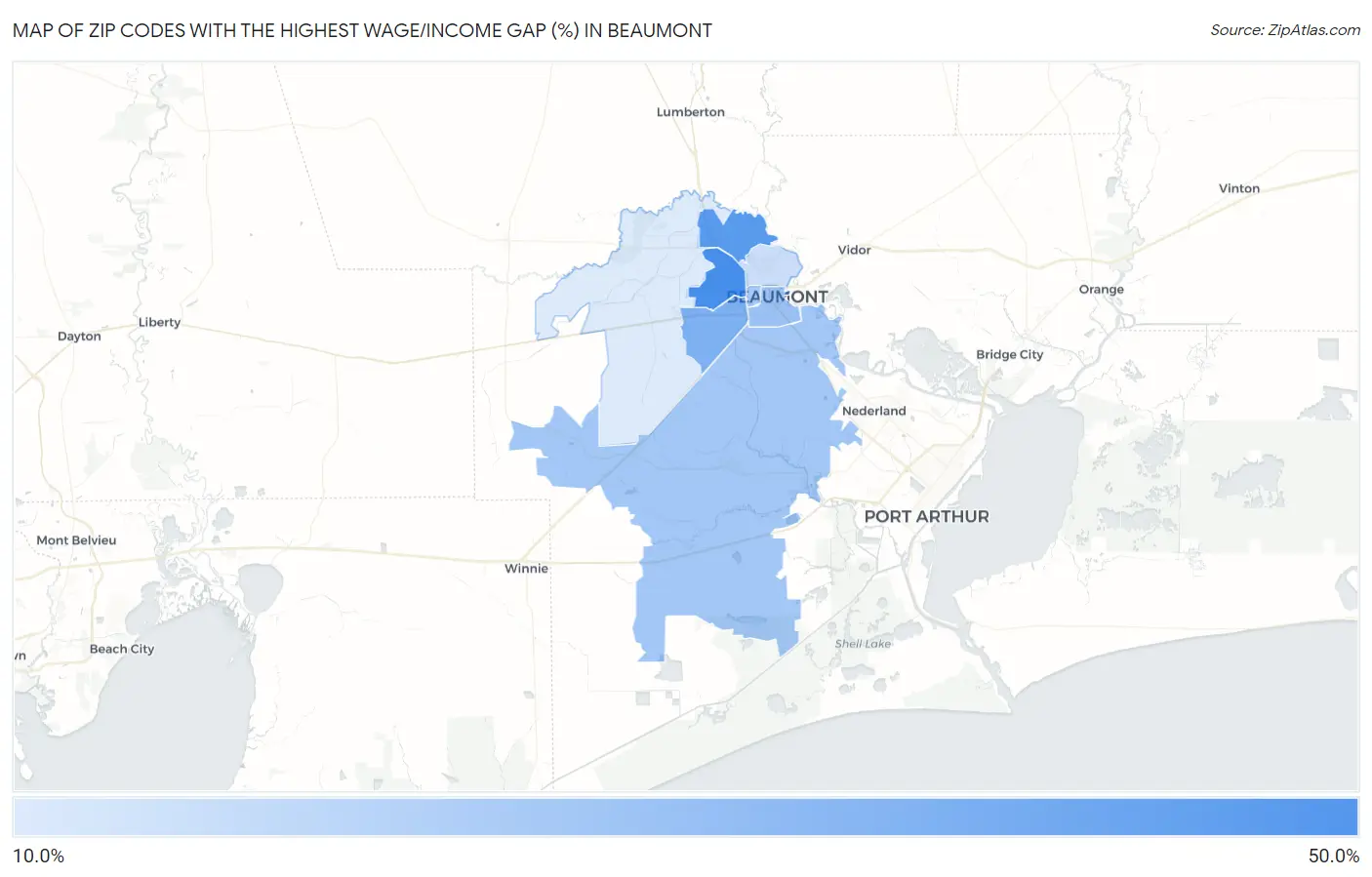 Zip Codes with the Highest Wage/Income Gap (%) in Beaumont Map
