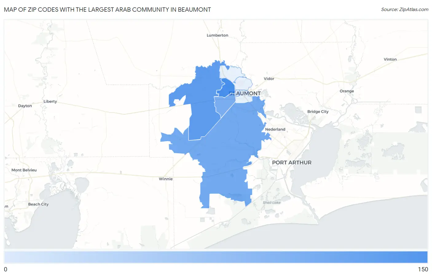 Zip Codes with the Largest Arab Community in Beaumont Map