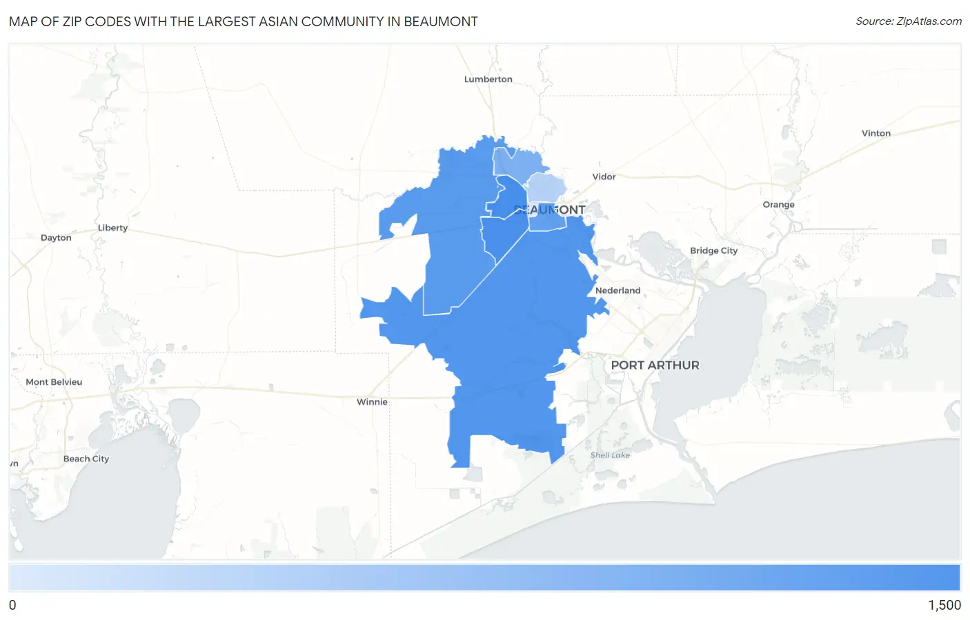Zip Codes with the Largest Asian Community in Beaumont Map