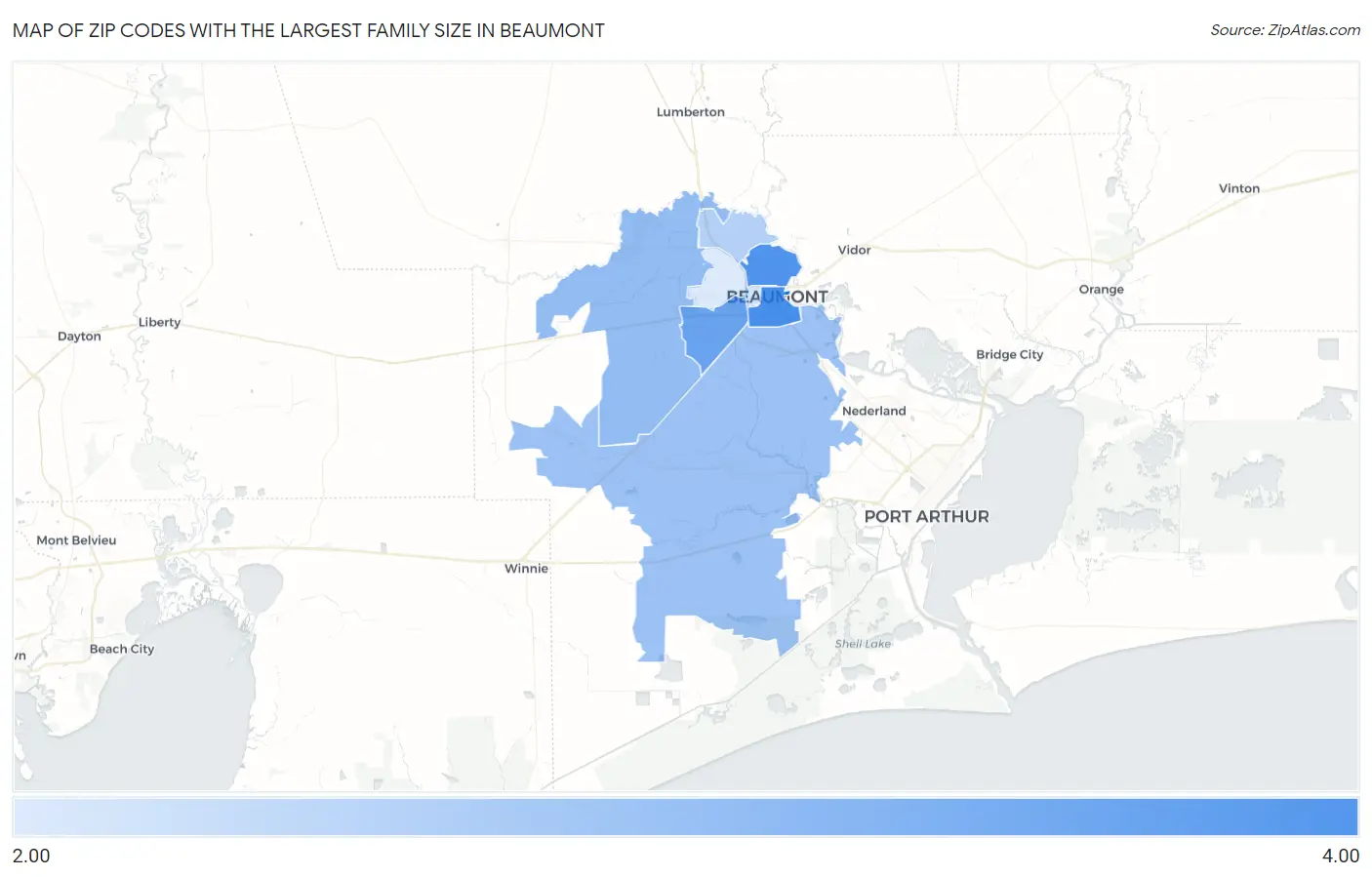 Zip Codes with the Largest Family Size in Beaumont Map
