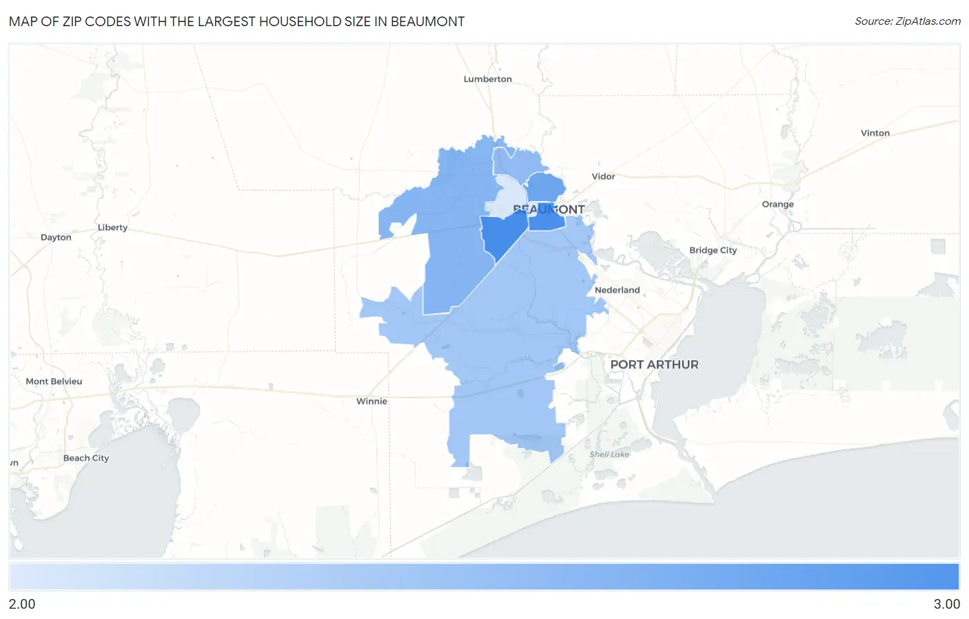 Zip Codes with the Largest Household Size in Beaumont Map