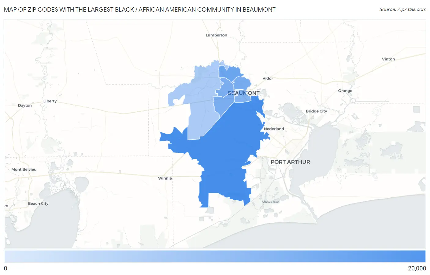 Zip Codes with the Largest Black / African American Community in Beaumont Map