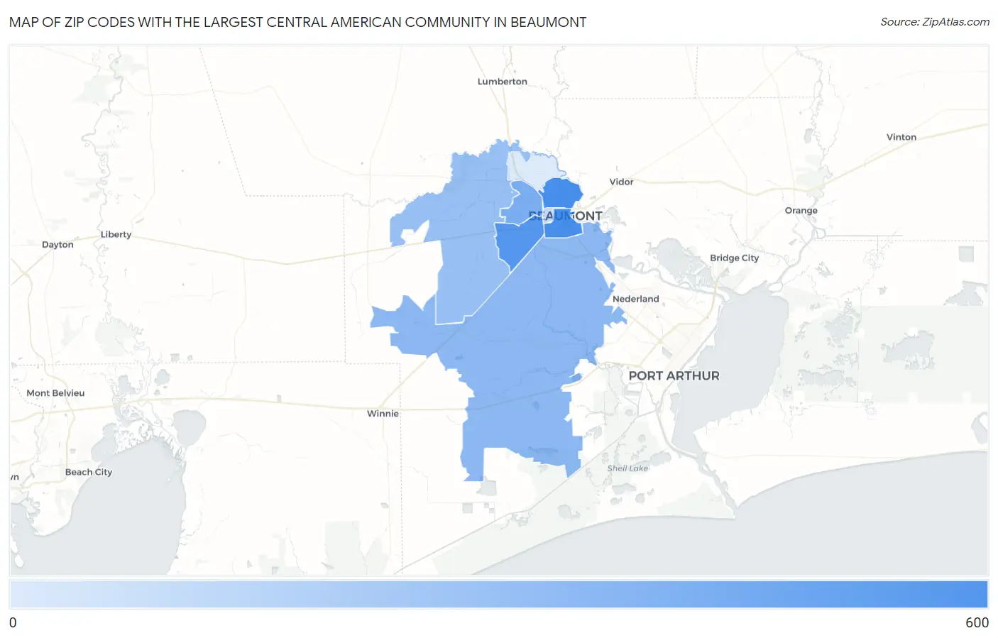Zip Codes with the Largest Central American Community in Beaumont Map