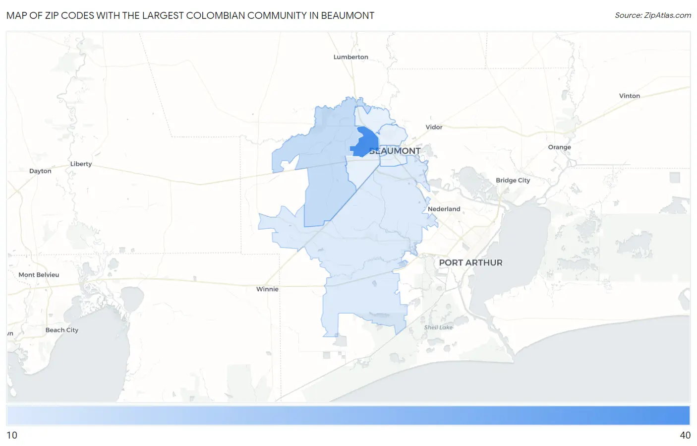 Zip Codes with the Largest Colombian Community in Beaumont Map
