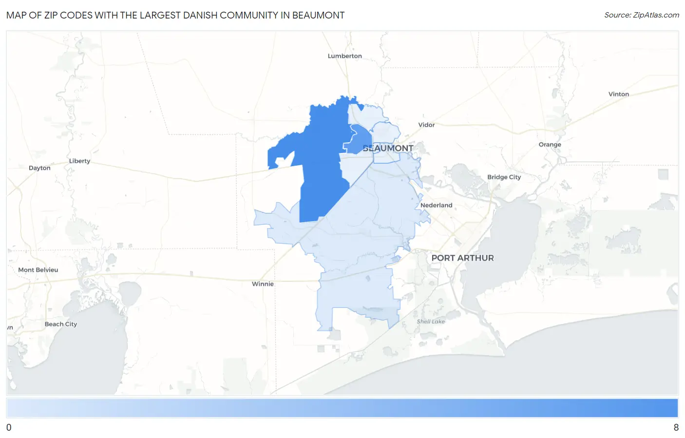 Zip Codes with the Largest Danish Community in Beaumont Map