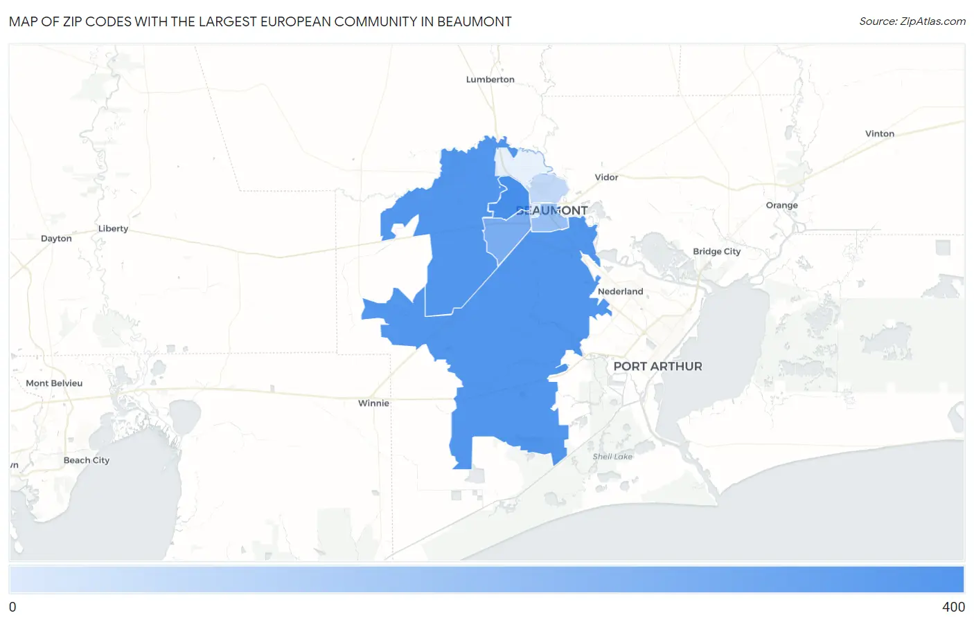 Zip Codes with the Largest European Community in Beaumont Map