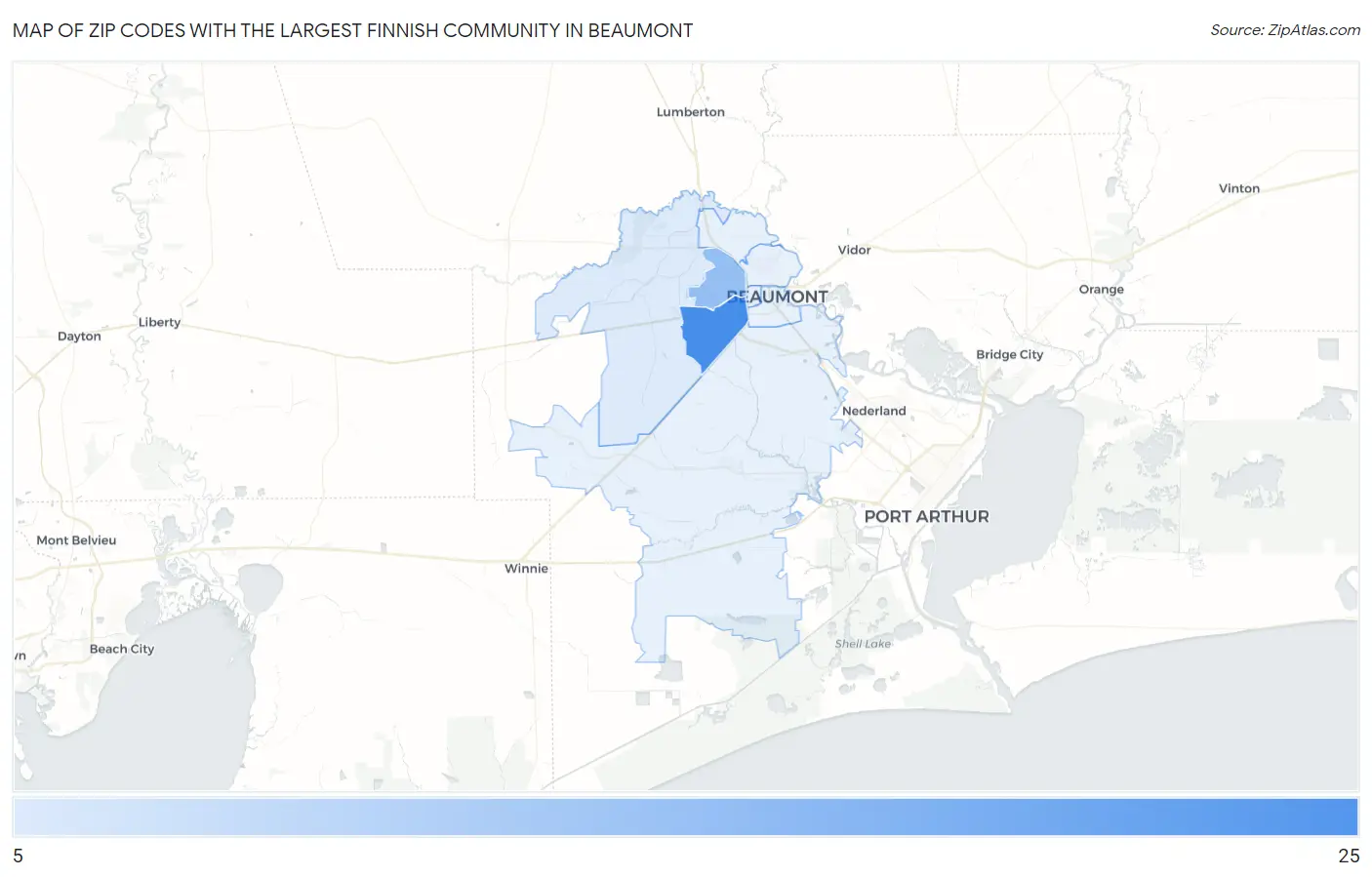 Zip Codes with the Largest Finnish Community in Beaumont Map
