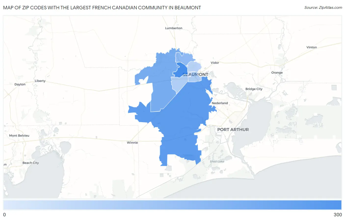 Zip Codes with the Largest French Canadian Community in Beaumont Map