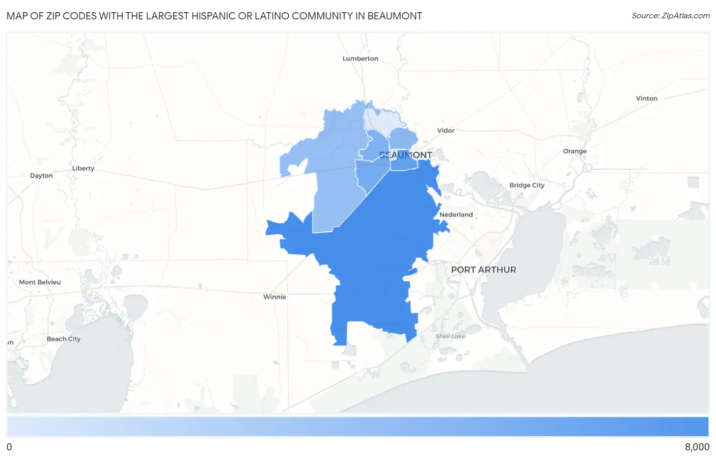 Zip Codes with the Largest Hispanic or Latino Community in Beaumont Map