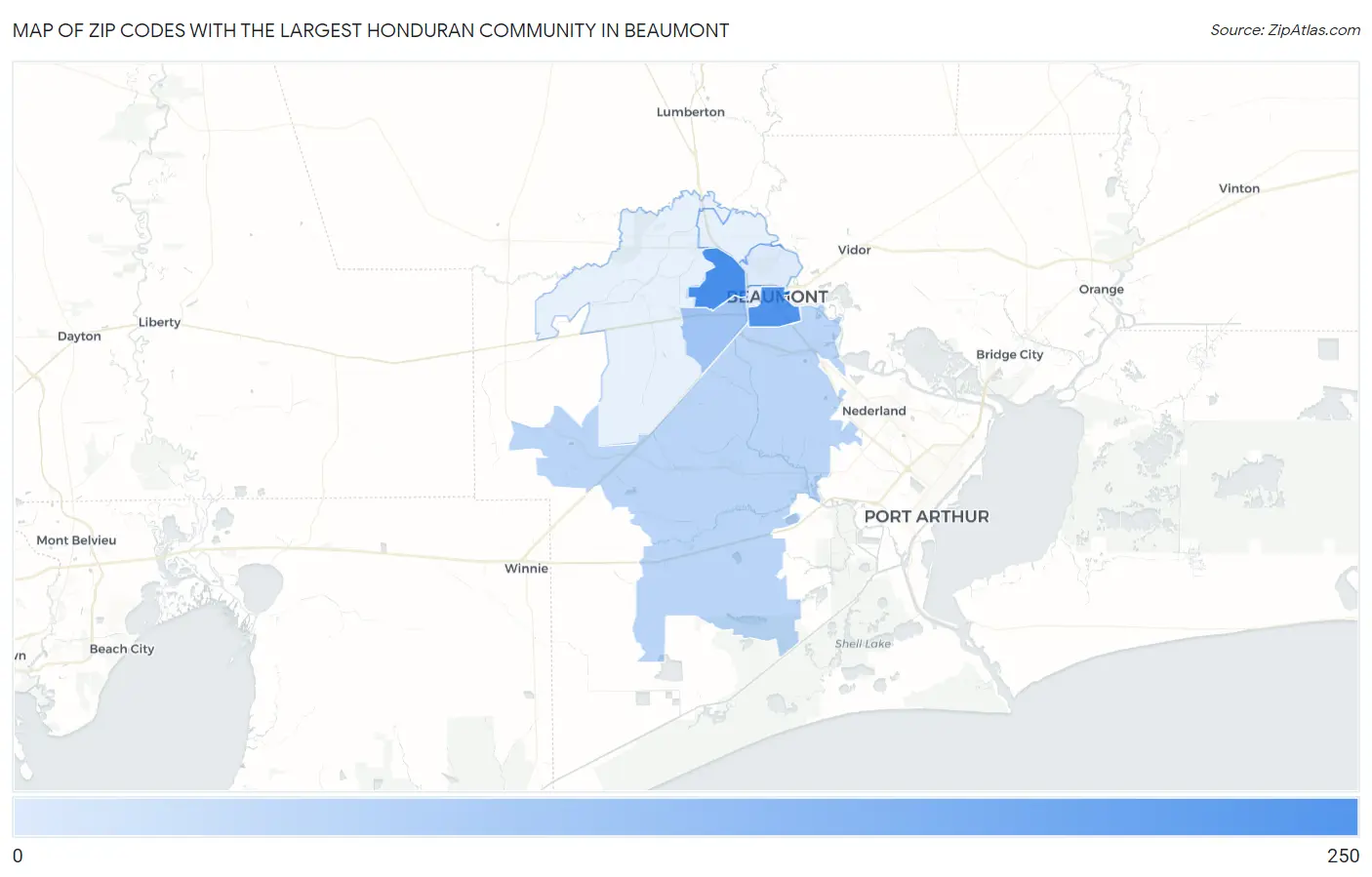 Zip Codes with the Largest Honduran Community in Beaumont Map