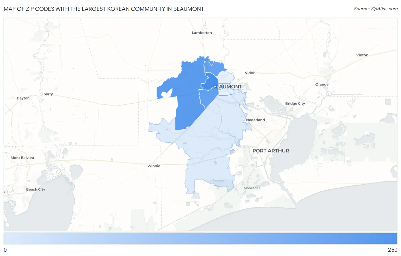 Zip Codes with the Largest Korean Community in Beaumont Map