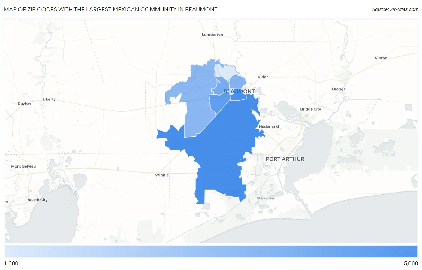 Zip Codes with the Largest Mexican Community in Beaumont Map