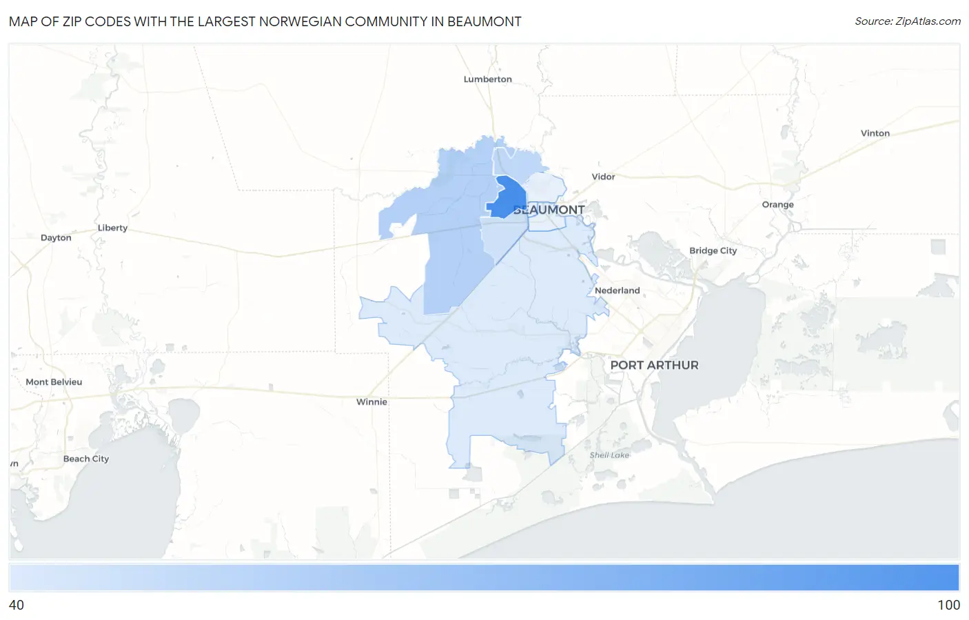 Zip Codes with the Largest Norwegian Community in Beaumont Map