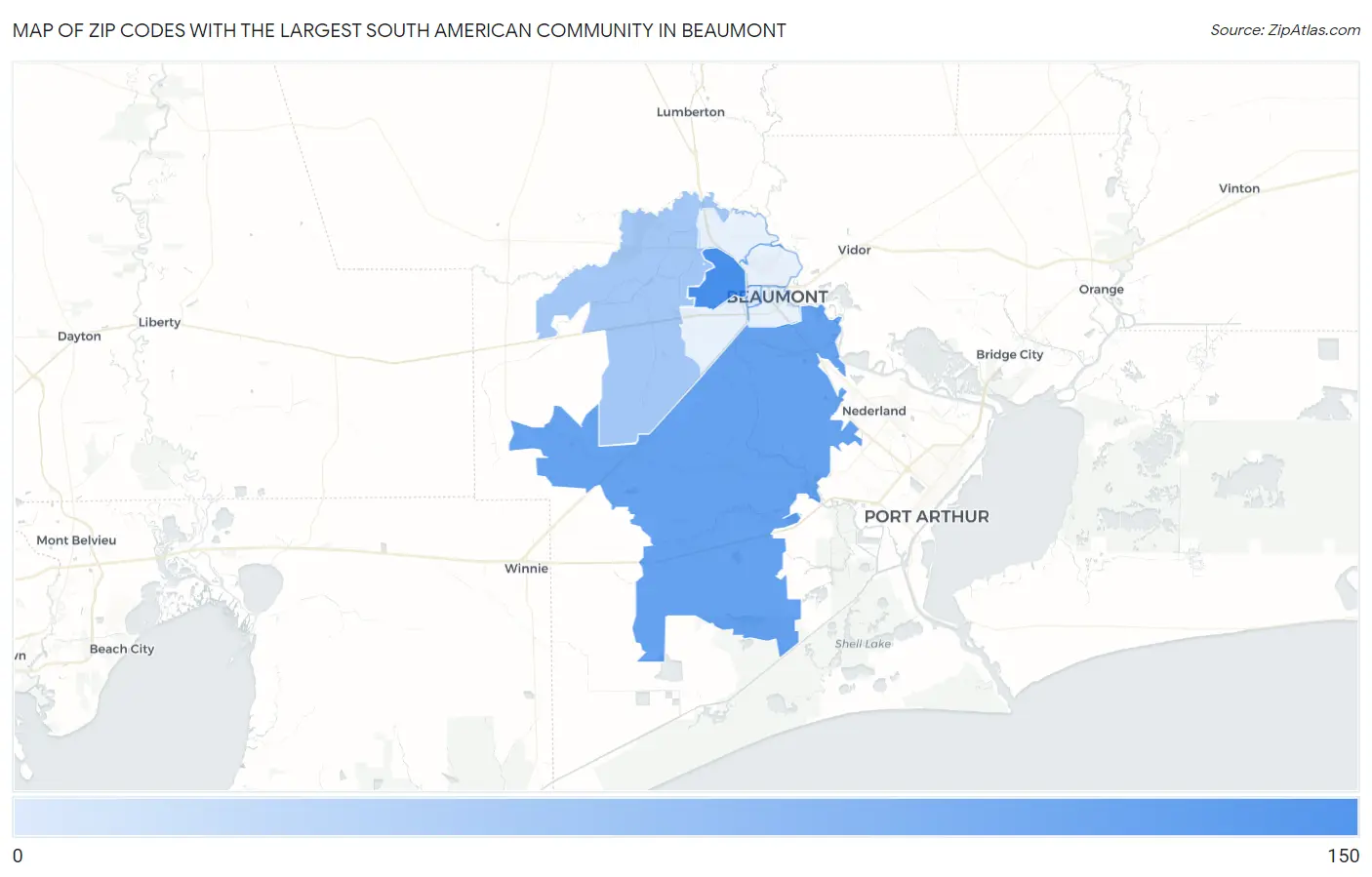 Zip Codes with the Largest South American Community in Beaumont Map