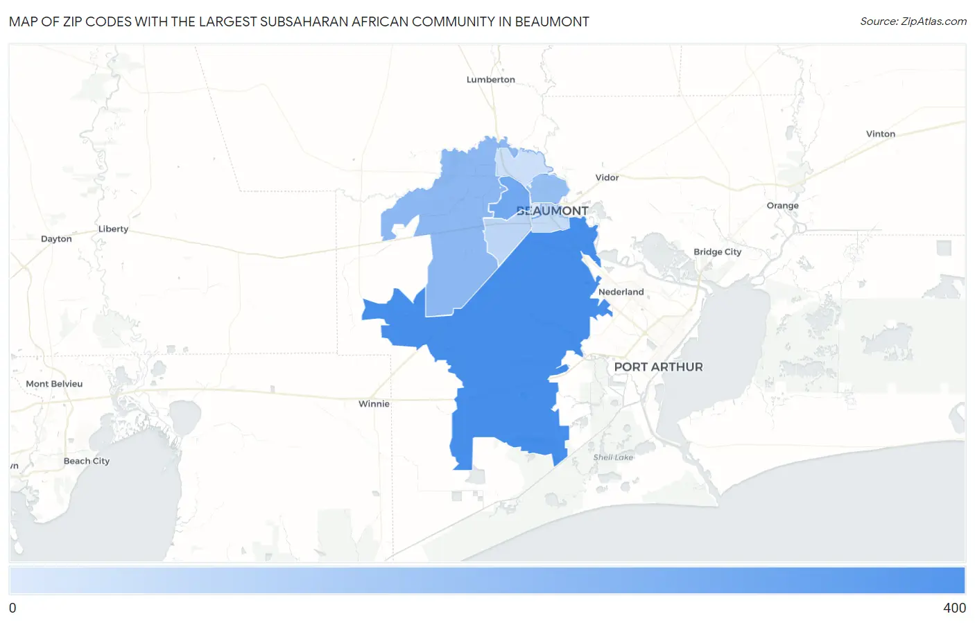 Zip Codes with the Largest Subsaharan African Community in Beaumont Map