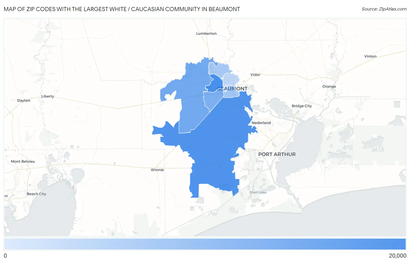 Zip Codes with the Largest White / Caucasian Community in Beaumont Map