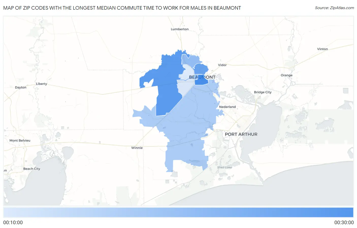 Zip Codes with the Longest Median Commute Time to Work for Males in Beaumont Map