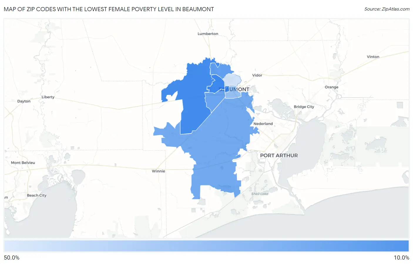 Zip Codes with the Lowest Female Poverty Level in Beaumont Map