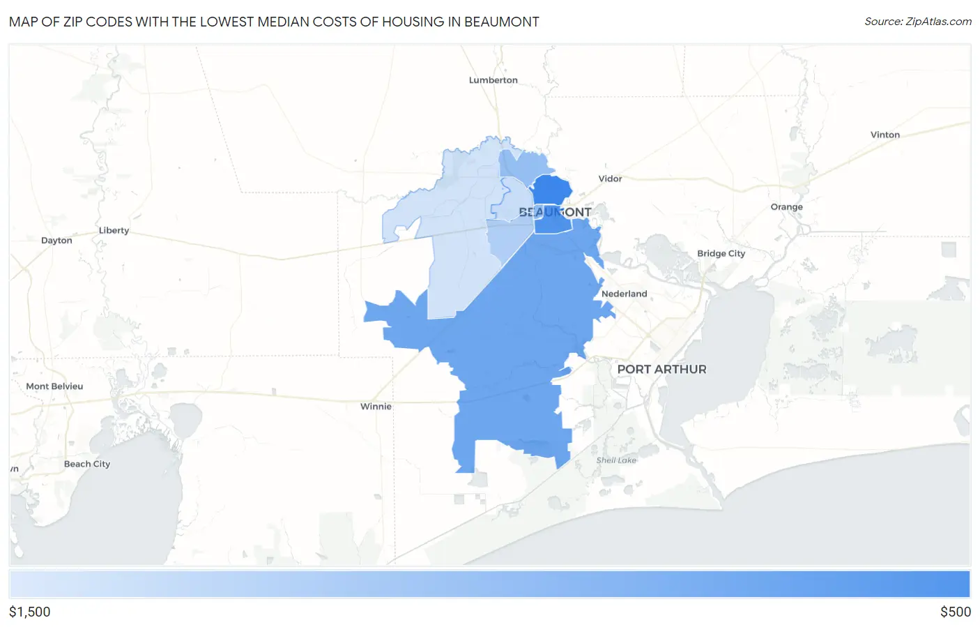 Zip Codes with the Lowest Median Costs of Housing in Beaumont Map