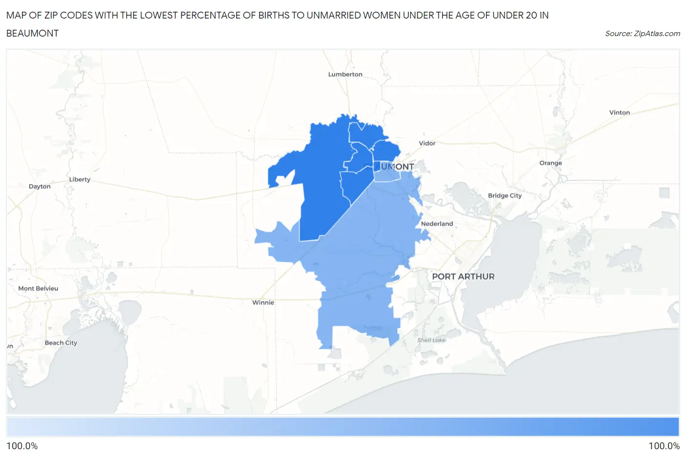 Zip Codes with the Lowest Percentage of Births to Unmarried Women under the Age of under 20 in Beaumont Map
